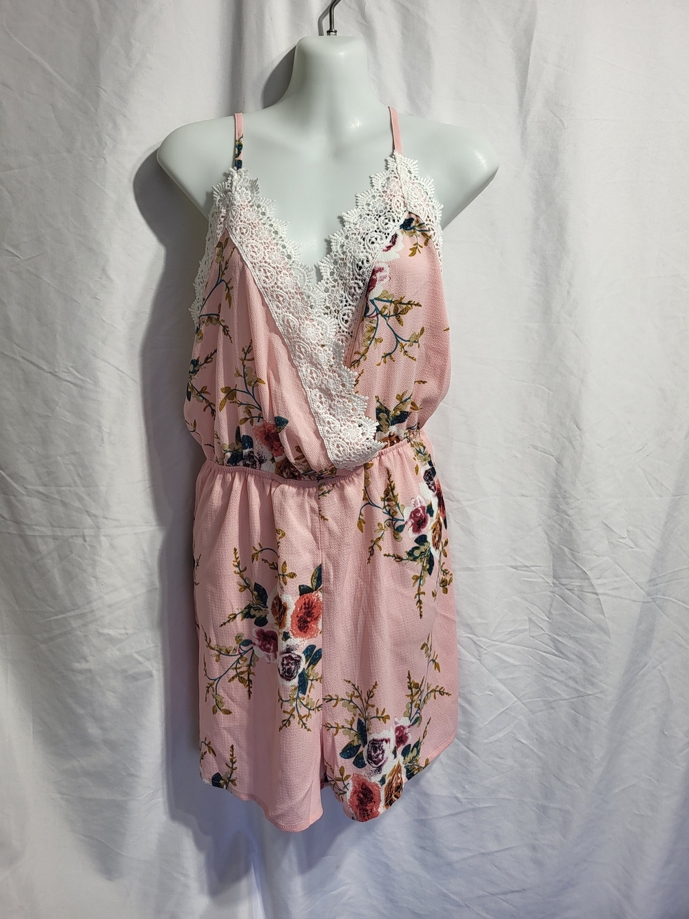 PatPat Pink Floral Lace-Trim Romper, Size XL